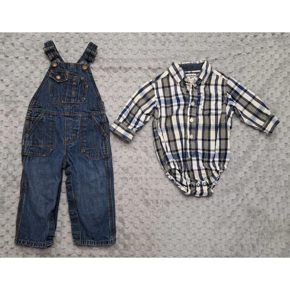 OshKosh B'Gosh Baby Overalls Bibs Sz 12 Months Pants Long Sleeve Shirt 2 Pieces